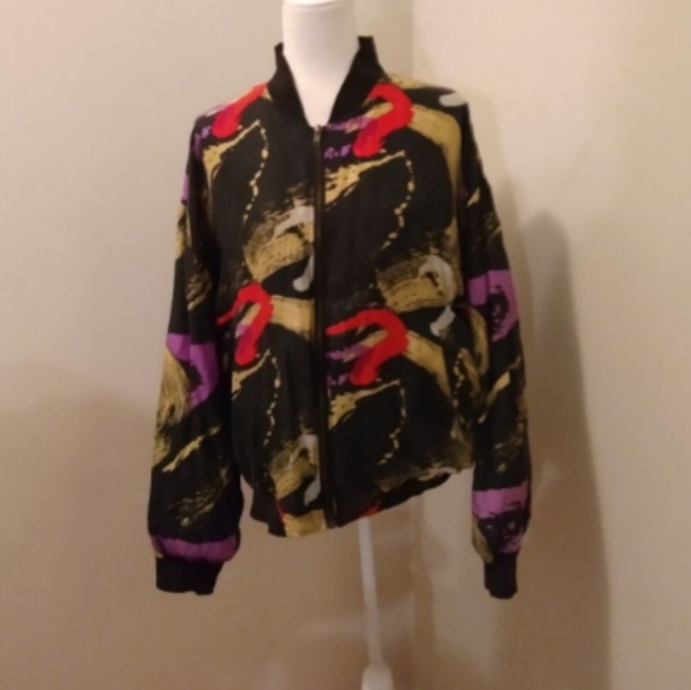 Vintage 1980s One 800 Silk Abstract Full Zip Jacket Sz L